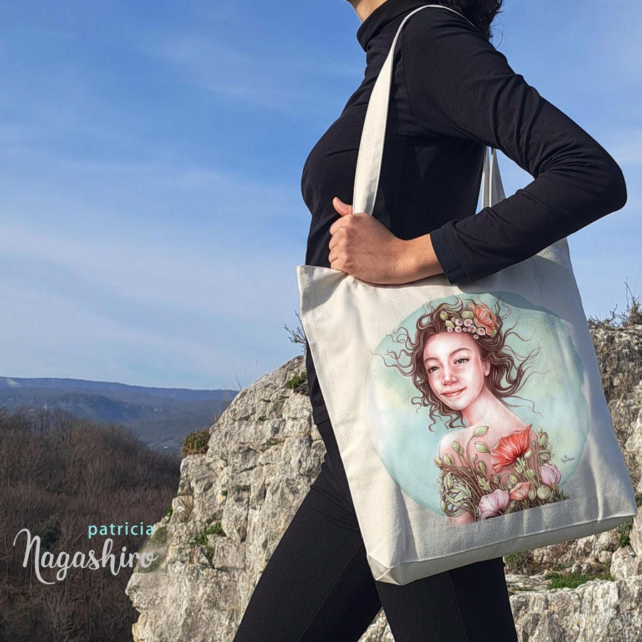 Bolso tote ilustrado, totebag, colección fenología, invierno, primavera, verano y otoño.